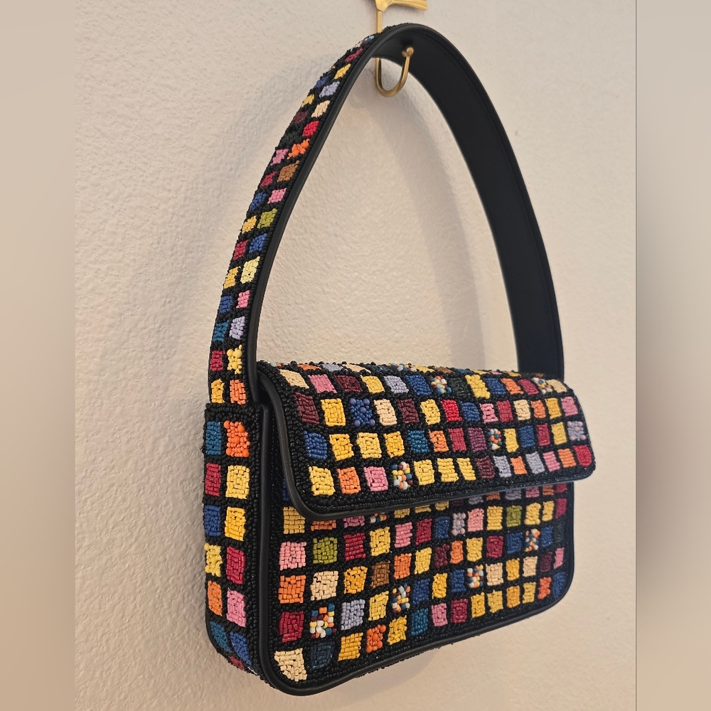 Staud NWOT Tommy Beaded Shoulder Bag In Dance Floor Glass Beads Leather Piping - Picture 8 of 16